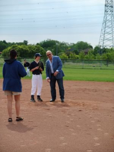Peter getting ready to throw the 1st pitch