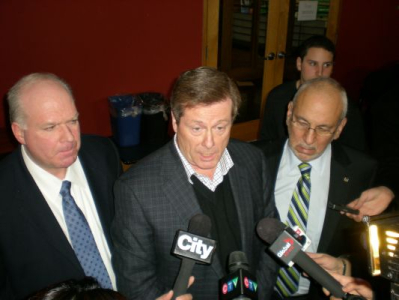 Peter, John Tory, and Jim Wilson talking to media following the meeting